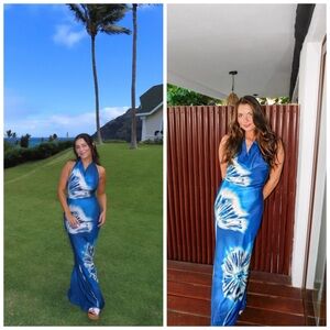 Especia Moonflower Cowl Neck Maxi Dress Floral Blue Vacation Sundress Beach Sz L